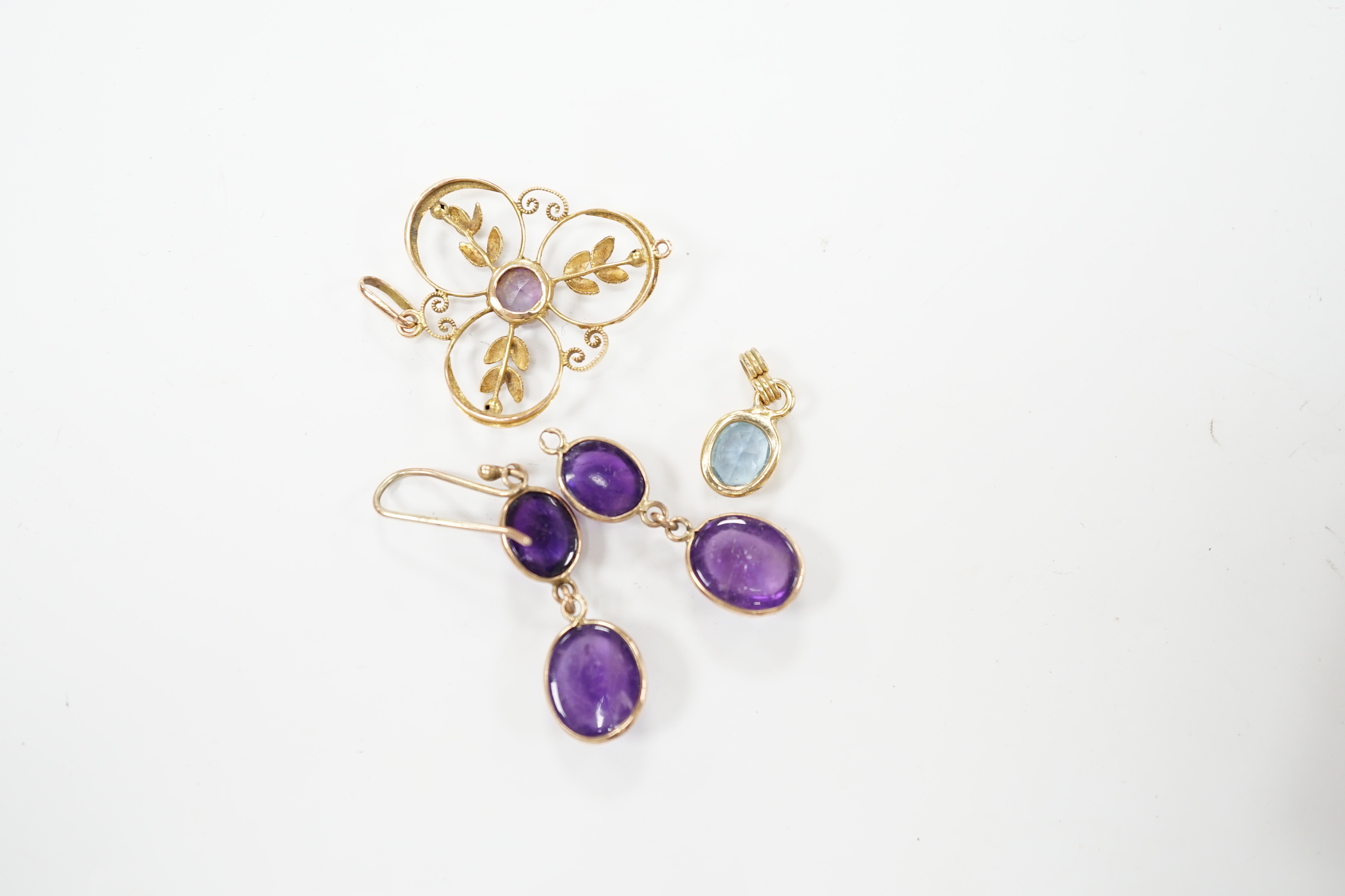 A pair of yellow metal mounted two stone cabochon amethyst set drop earrings, overall 40mm, together with two yellow metal and gem set pendants.